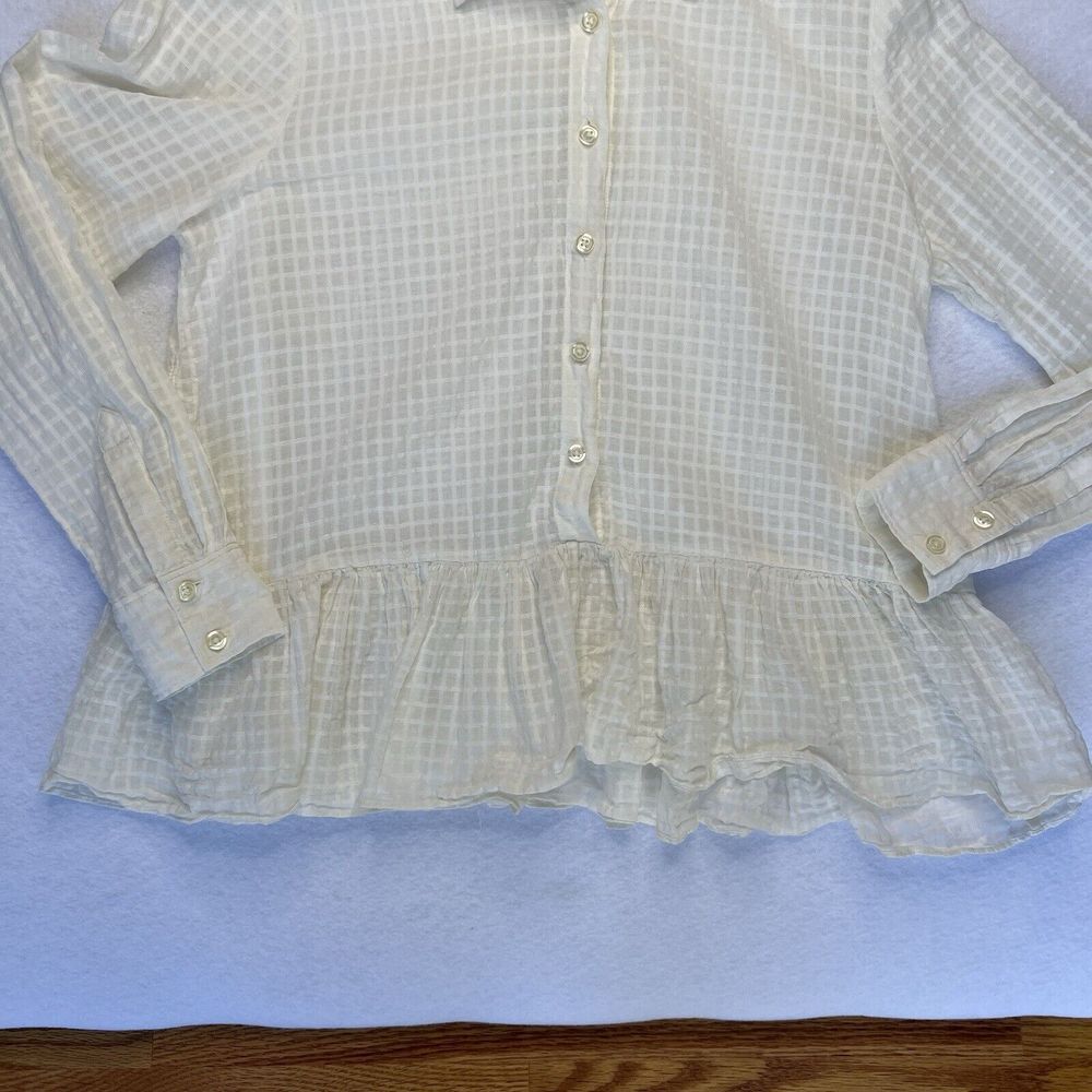 THE GREAT. The‎ Ruffle Oxford Top Beige Dobby Dot Cotton Peplum Blouse Size 0 - Picture 5 of 12